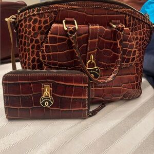 Dooney & Bourke Brown Crocodile Satchel and Wallet Set